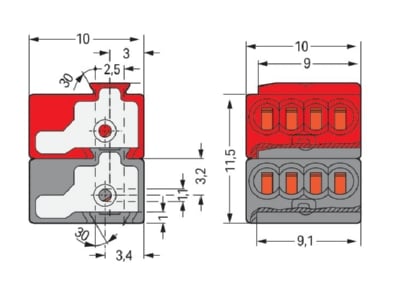 Dimensional drawing WAGO 243 211 Bus coupler terminal dark gray red 