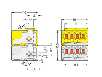 Dimensional drawing WAGO 243 212 Bus coupler terminal  light gray yellow 