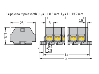 Maßzeichnung WAGO 260 204 4 L Klemme 2x0 08 1 5mmq grau