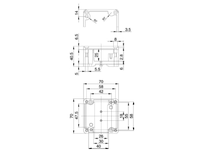 Dimensional drawing Weidmueller KLIPPON K1 Surface mounted box 70x40 5mm