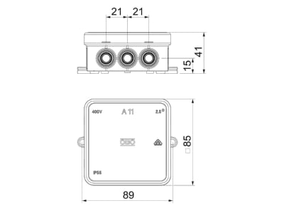 Dimensional drawing 1 OBO A 11 HF RO Surface mounted box 85x85mm
