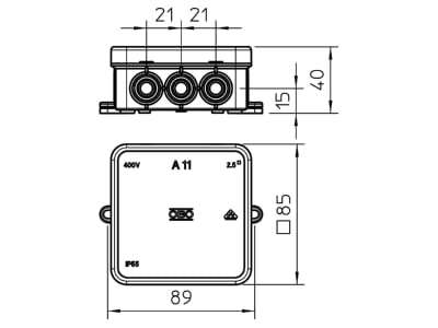 Dimensional drawing 2 OBO A 11 HF RO Surface mounted box 85x85mm