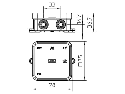 Mazeichnung 2 OBO A 8 HF RO Kabelabzweigkasten 75x75x36  PE  rot