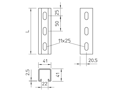 Mazeichnung 1 OBO MS4141PP0300FTK Profilschiene Schlitz 22mm