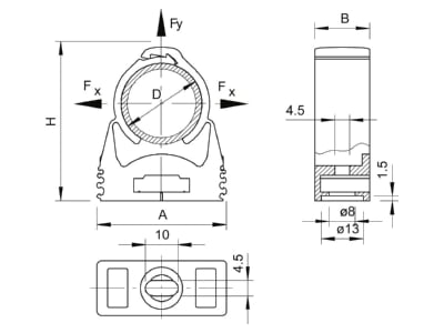 Dimensional drawing 1 OBO SQ 10 LGR Tube clamp 9 5   12mm
