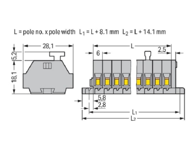 Dimensional drawing WAGO 261 102 331 000 Terminal strip 2 p