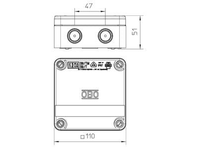 Mazeichnung 1 OBO B 9 T M Kabelabzweigkasten 110x110x50  PP  lgr