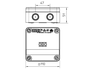 Mazeichnung 2 OBO B 9 T M Kabelabzweigkasten 110x110x50  PP  lgr