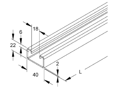 Dimensional drawing Niedax 2986 2 BO C profile 2000x40x22mm