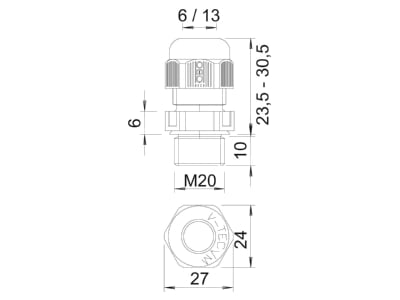 Mazeichnung 3 OBO V TEC VM20 LGR Verschraubung Vollmetrisch