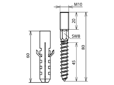 Dimensional drawing 1 Dehn BS M10 PAS Stud screw M10x45mm

