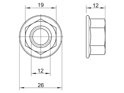 Dimensional drawing 2 OBO KM M12 A2 Hexagon nut M12 DIN 6923 M12 VA
