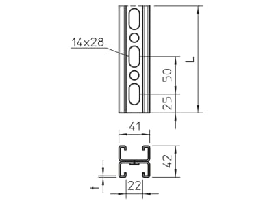 Mazeichnung 1 OBO MS4142P3000FT Profilschiene 3000x42x41mm