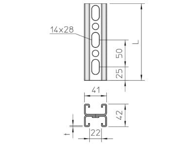 Mazeichnung 2 OBO MS4142P3000FT Profilschiene 3000x42x41mm