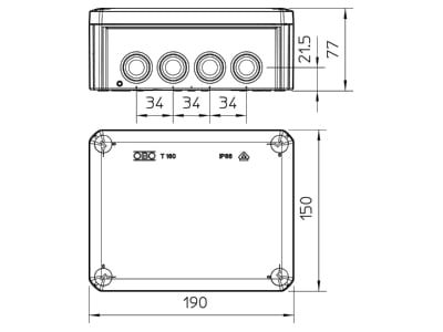 Mazeichnung 3 OBO T 160 F Kabelabzweigkasten 190x150x77mm