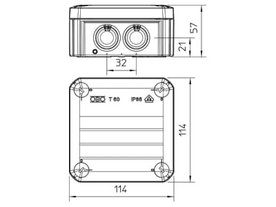 Mazeichnung 2 OBO T 60 F Kabelabzweigkasten 114x114x57mm