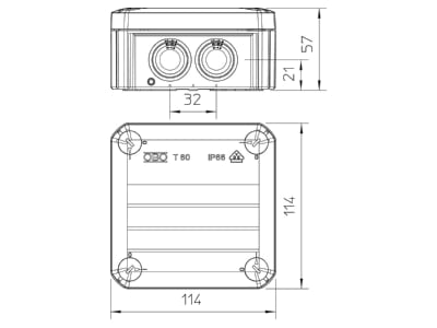 Mazeichnung 3 OBO T 60 F Kabelabzweigkasten 114x114x57mm