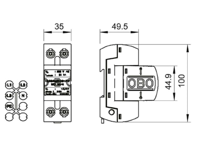 Dimensional drawing 1 OBO MCD 50 B Lightning arrest for power supply 50kA
