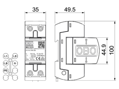 Dimensional drawing 2 OBO MCD 50 B Lightning arrest for power supply 50kA