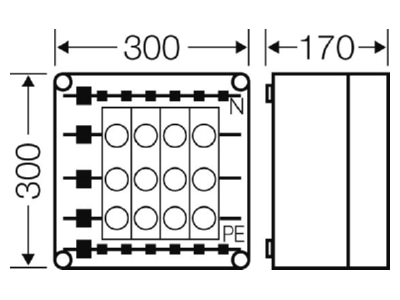 Dimensional drawing Hensel Mi 3226 Screw fuse enclosure 25A 300x300mm