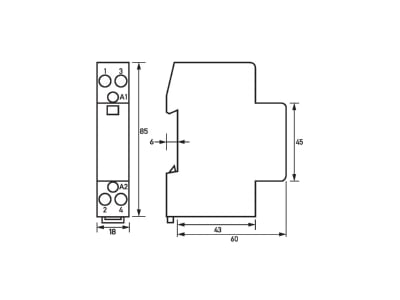 Dimensional drawing Doepke HS 1 024AC 20 11 Installation contactor 24VAC 1 NO  1 NC