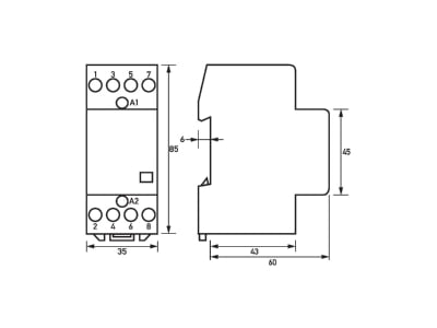 Dimensional drawing Doepke HS 2 024AC 20 40 Installation contactor 24VAC 4 NO  0 NC