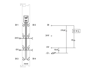 Circuit diagram WAGO 750 422 Fieldbus digital module 4 In   0 Out