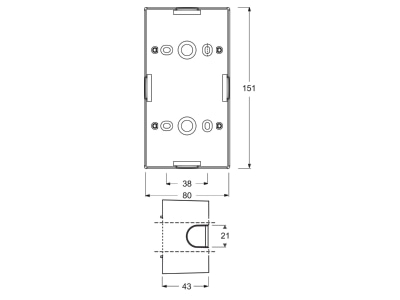 Dimensional drawing Busch Jaeger 1702 83 Surface mounted housing 2 gang aluminium