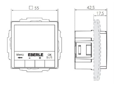 Masszeichnung Eberle UTE4100F RAL9016 G55 UP Thermostat Hinterleuchtung weiss