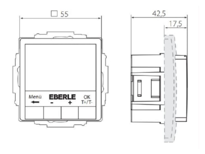 Dimensional drawing Eberle UTE4100Rw RAL9010G55 Room clock thermostat 5   30 C
