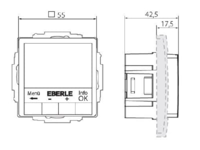 Dimensional drawing Eberle UTE4800F RAL9010 G55 Room clock thermostat 5   30 C