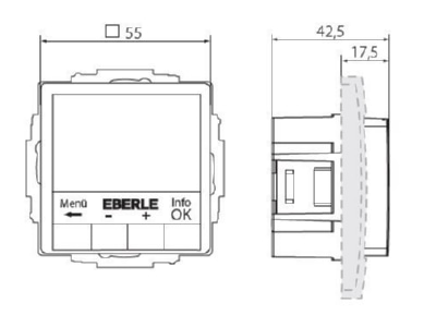 Masszeichnung Eberle UTE4800F RAL9016 G55 UP Uhrenthermostat Hinterleuchtung weiss