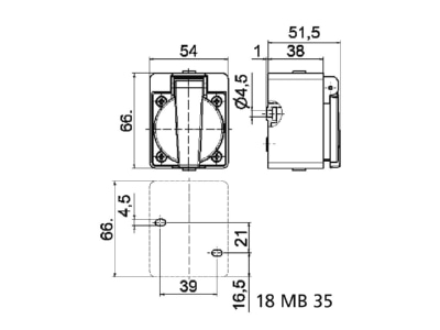 Dimensional drawing Bals 724 Equipment mounted socket outlet with