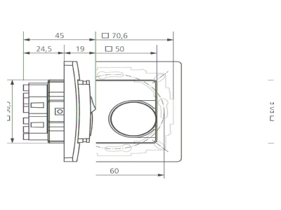 Dimensional drawing Theben RAM 741 Room thermostat flush mounted 