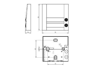Maßzeichnung Grothe DOMOLUX DUO WS SW Klingeltaster 2fach 90x90x18 5mm  ws sw
