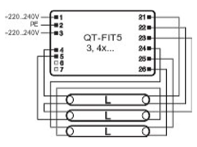 Connection diagram LEDVANCE QT FIT5 3X14 4X14 Electronic ballast 4x62W

