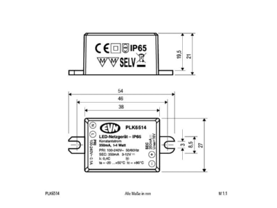 Mazeichnung EVN PLK6514 P LED Netzgeraet IP65 350mA 1 4W