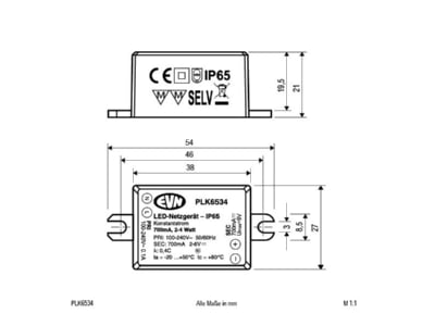 Mazeichnung EVN PLK6534 P LED Netzgeraet IP65 700mA 2 4W