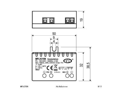 Mazeichnung EVN MPLK316N LED Netzgeraet 700mA 2 6W IP20