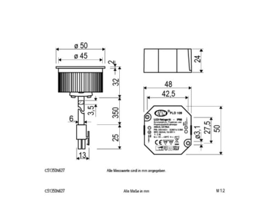 Dimensional drawing EVN C51350N627 LED module 6W white
