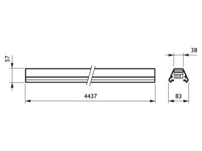 Dimensional drawing Signify PLS 4MX656 493 7x2 5 WH Support profile light line system 4437mm