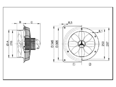 Maßzeichnung 1 Maico EZQ 20 2 B Ventilator 1100cbm h  65Wm  IP55