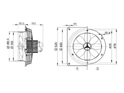 Dimensional drawing Maico EZQ 35 4 B two way industrial fan 350mm