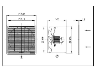 Dimensional drawing Maico EZF 30 6 B two way industrial fan 300mm