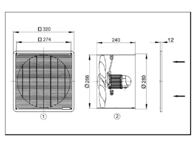 Dimensional drawing Maico EZF 25 4 E deaeration industrial fan 250mm
