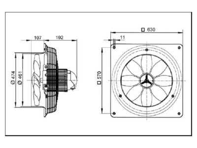 Maßzeichnung Maico DZQ 45 4 B Axial Wandventilator Wandplatte DN 450