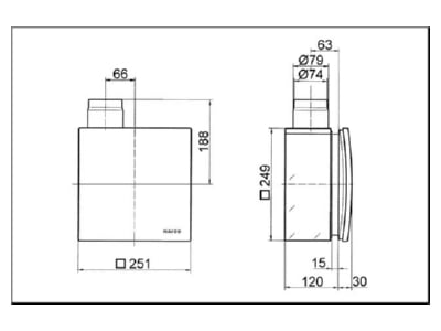 Dimensional drawing 2 Maico ER UPB R Ventilator housing for inlying bathrooms