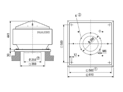 Dimensional drawing Maico MDR VG 25 EC Roof mounted ventilator 1723m  h 451W