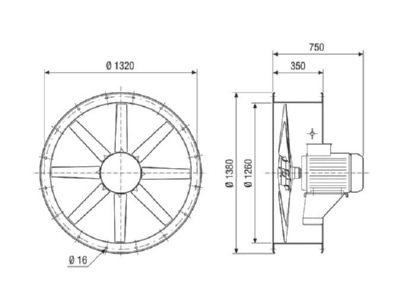 Dimensional drawing Maico DAR 125 8 2 2 Duct fan 1250mm 45360m  h