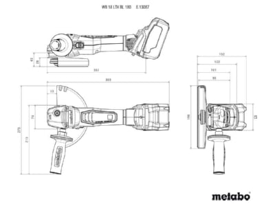 Dimensional drawing Metabowerke WB 18 LTX BL 180 Right angle grinder  battery 